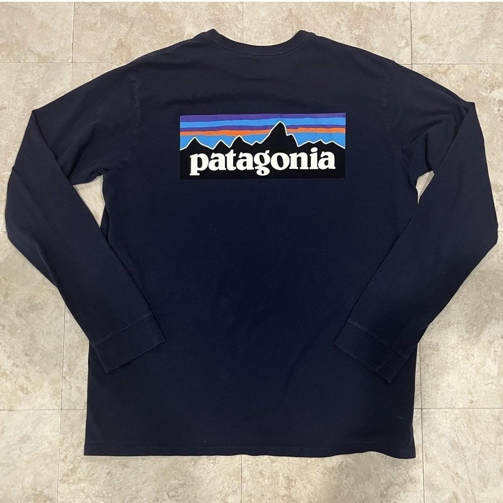 Patagonia Shirt Mens Large Blue Responsibili-Tee Long Sleeve P-6 Logo Graphic